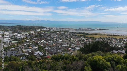 Nelson downtown with marine dock and Port in background. Aerial photo