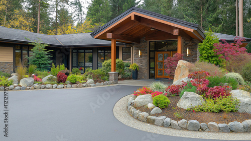 Senior care facility exterior with well-maintained garden and welcoming entrance. Emphasizing comfort and dignity in elderly living environments.