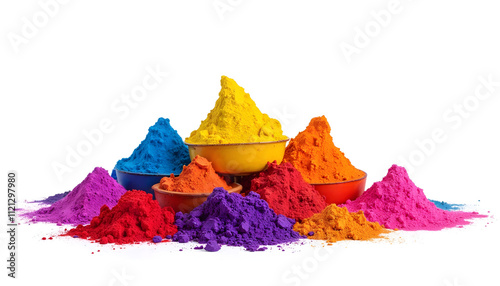 Brightly colored powders for Holi festival displayed in bowls on a white background photo