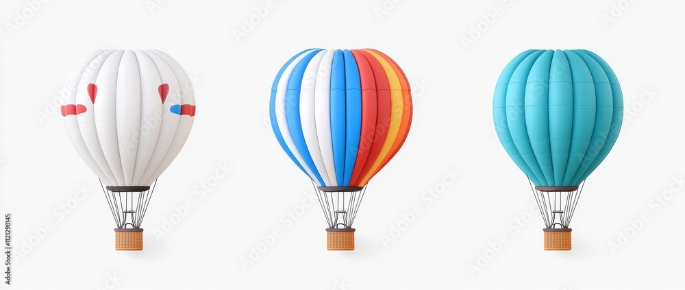 Illustration of a hoy air balloon basket isolated on a transparent background. This realistic aerostat is striped with red, blue and yellow stripes.