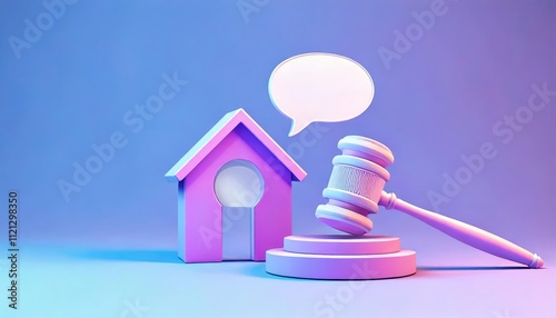 A colorful illustration featuring a house and a gavel, symbolizing legal aspects of real estate or property law.
