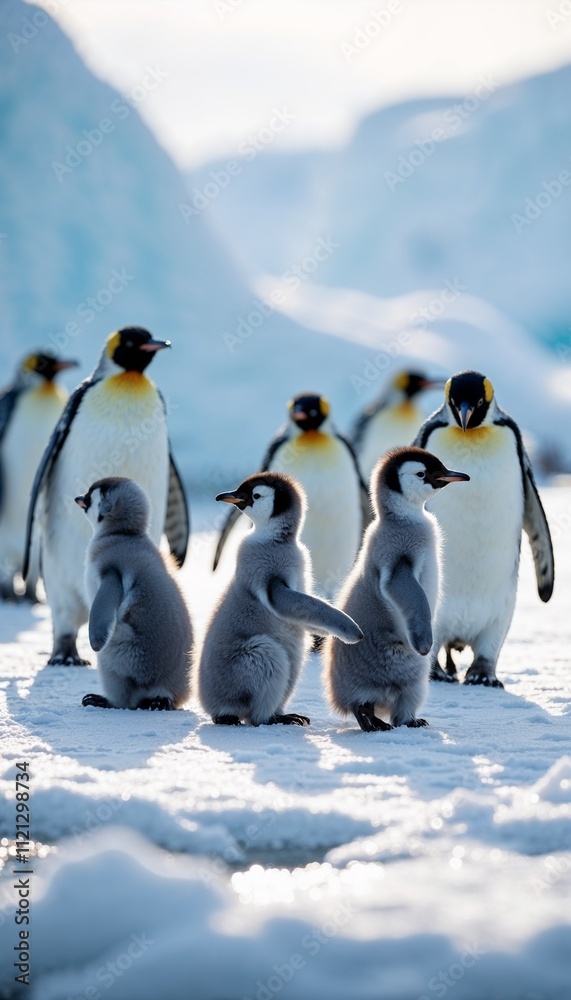 Fototapeta premium Emperor Penguins with Chicks on Antarctic Ice in Soft Sunlight