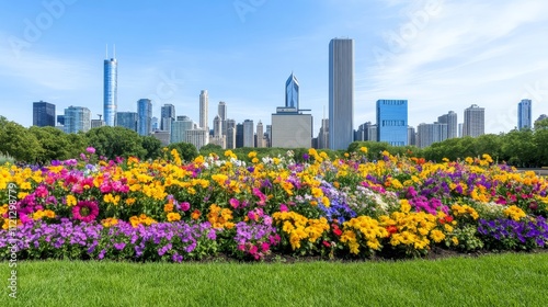 Chicago Skyline and Vibrant Flower Garden: A breathtaking view of Chicago's iconic skyline framed by a vibrant, colorful flower garden in full bloom on a sunny day. photo