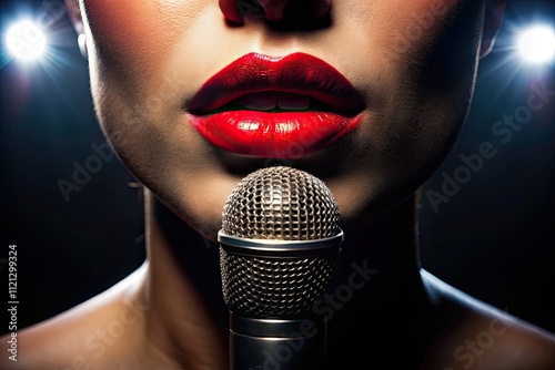 Dramatic Stage Spotlight: Close-Up Speaker's Lips at Microphone - Theater Performance Photography photo