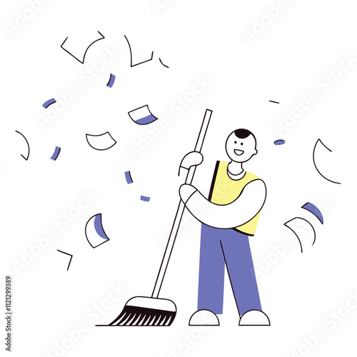 Vector illustration of janitor cleaning floor with broom. Cleaning service concept.