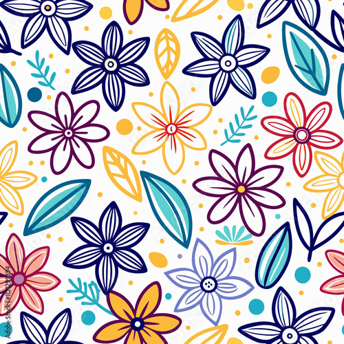 Colorful floral seamless pattern with hand-drawn flowers and leaves on white background.