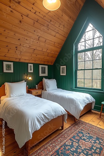 A minimalist twin bedroom for two children featuring two simple beds with white linens, a shared dresser, a small reading nook with a single chair, and large windows that let in plenty of natural