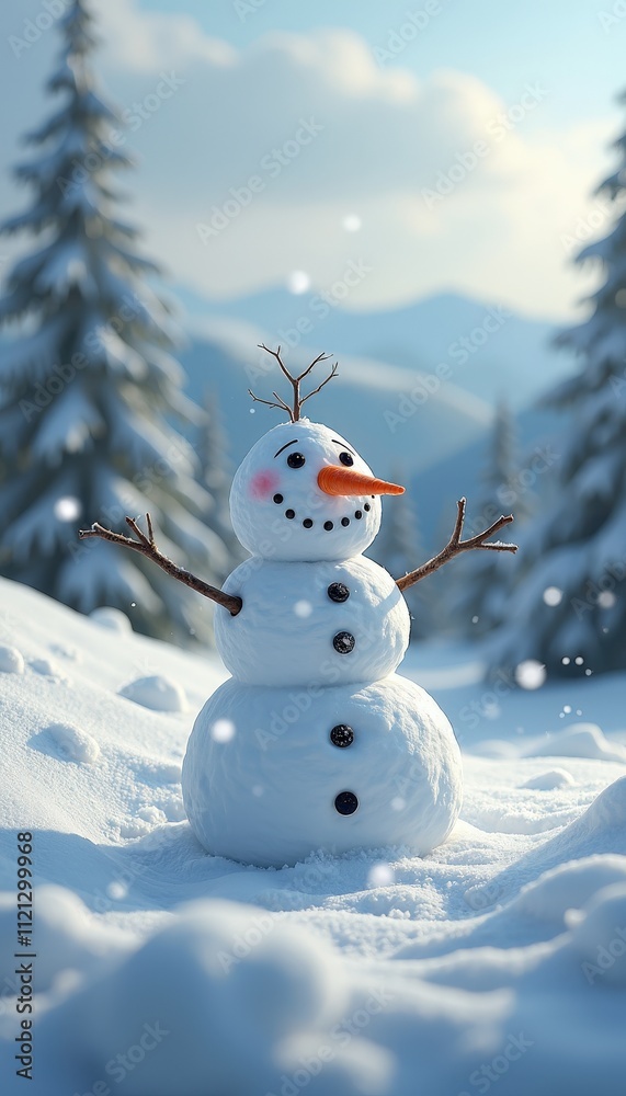 Magical Winter Landscape with Snowflakes Falling Gently and a Snowman with a Carrot Nose Creating a Perfect Winter Wonderland Magical Winter Landscape with Snowflakes Falling Gently and a Snowman with a Carrot Nose Creating a Perfect Winter Wonderland