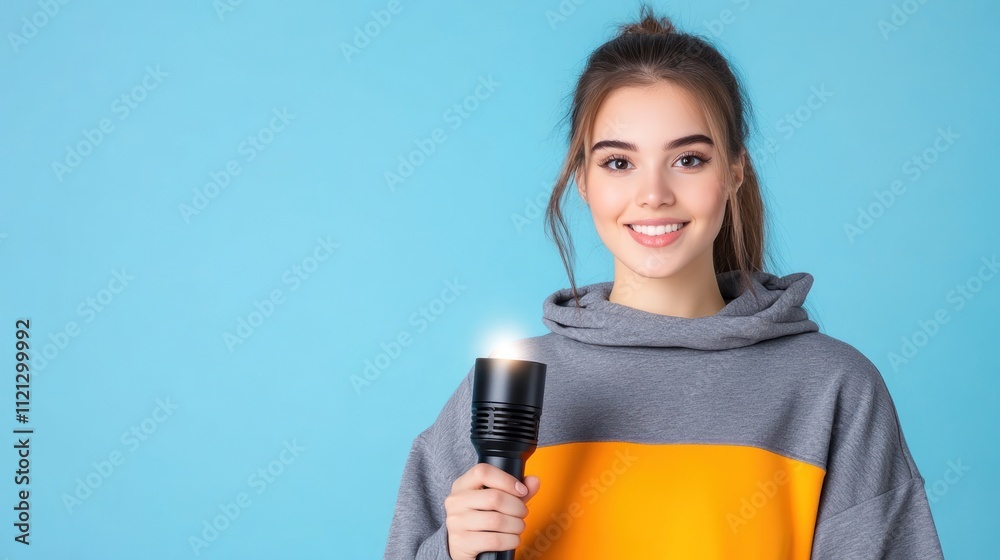 Young woman holding a flashlight, smiling against a blue background. Young woman holding a flashlight, smiling against a blue background.
