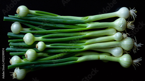 Photo of fresh green onions arranged in a row. The bulbs look clean and shiny, with fine roots and lush green stems