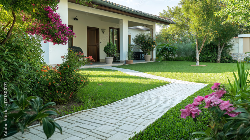 Fototapeta premium Senior care facility exterior with well-maintained garden and welcoming entrance. Emphasizing comfort and dignity in elderly living environments.