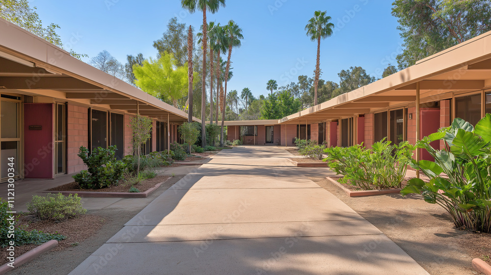 Fototapeta premium Senior care facility exterior with well-maintained garden and welcoming entrance. Emphasizing comfort and dignity in elderly living environments.