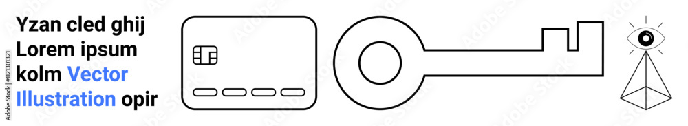 Credit card, key, and eye symbol with rays, accompanied by filler text. Ideal for cybersecurity, data protection, online security, digital privacy, user access control cybersecurity awareness tech