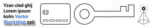 Credit card, key, and eye symbol with rays, accompanied by filler text. Ideal for cybersecurity, data protection, online security, digital privacy, user access control cybersecurity awareness tech