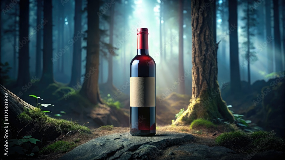Red Wine Bottle Mockup, Blank Label, Dark Forest, Low Light Photography Red Wine Bottle Mockup, Blank Label, Dark Forest, Low Light Photography