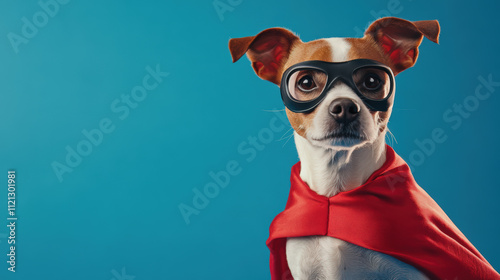 A dog is wearing a red cape and goggles, looking at the camera