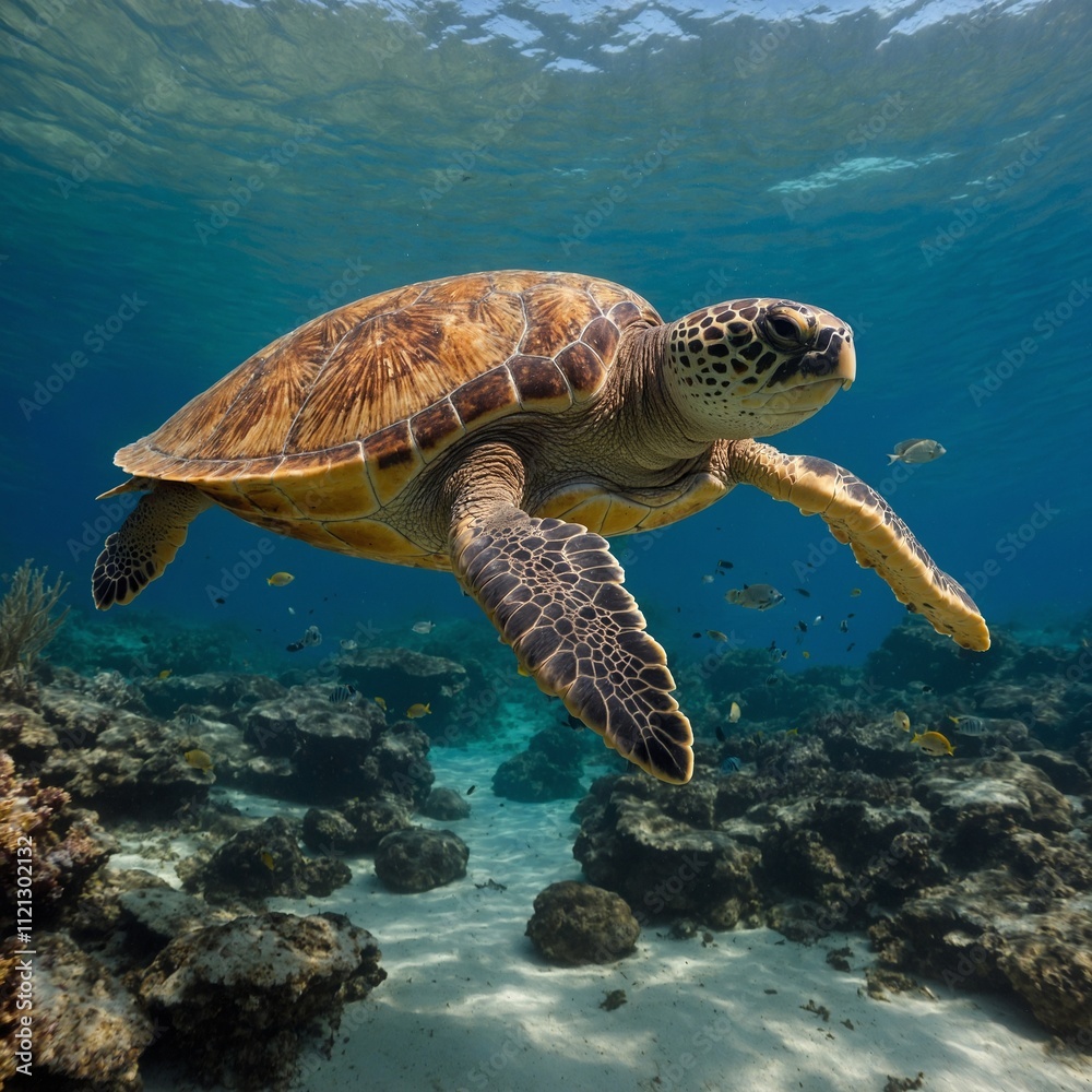 Obraz premium A loggerhead turtle swimming with small fish nearby.