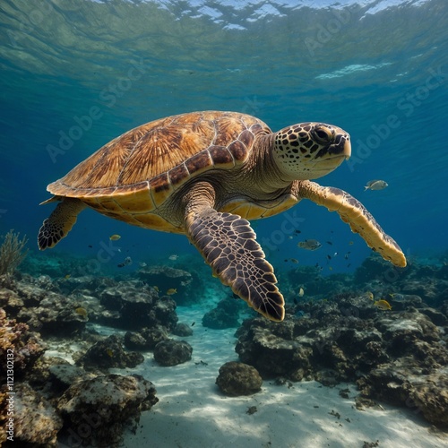 A loggerhead turtle swimming with small fish nearby. photo