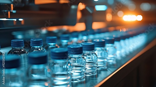 Photo of a clear water bottle with a blue cap moving through an automated assembly line of a machine.