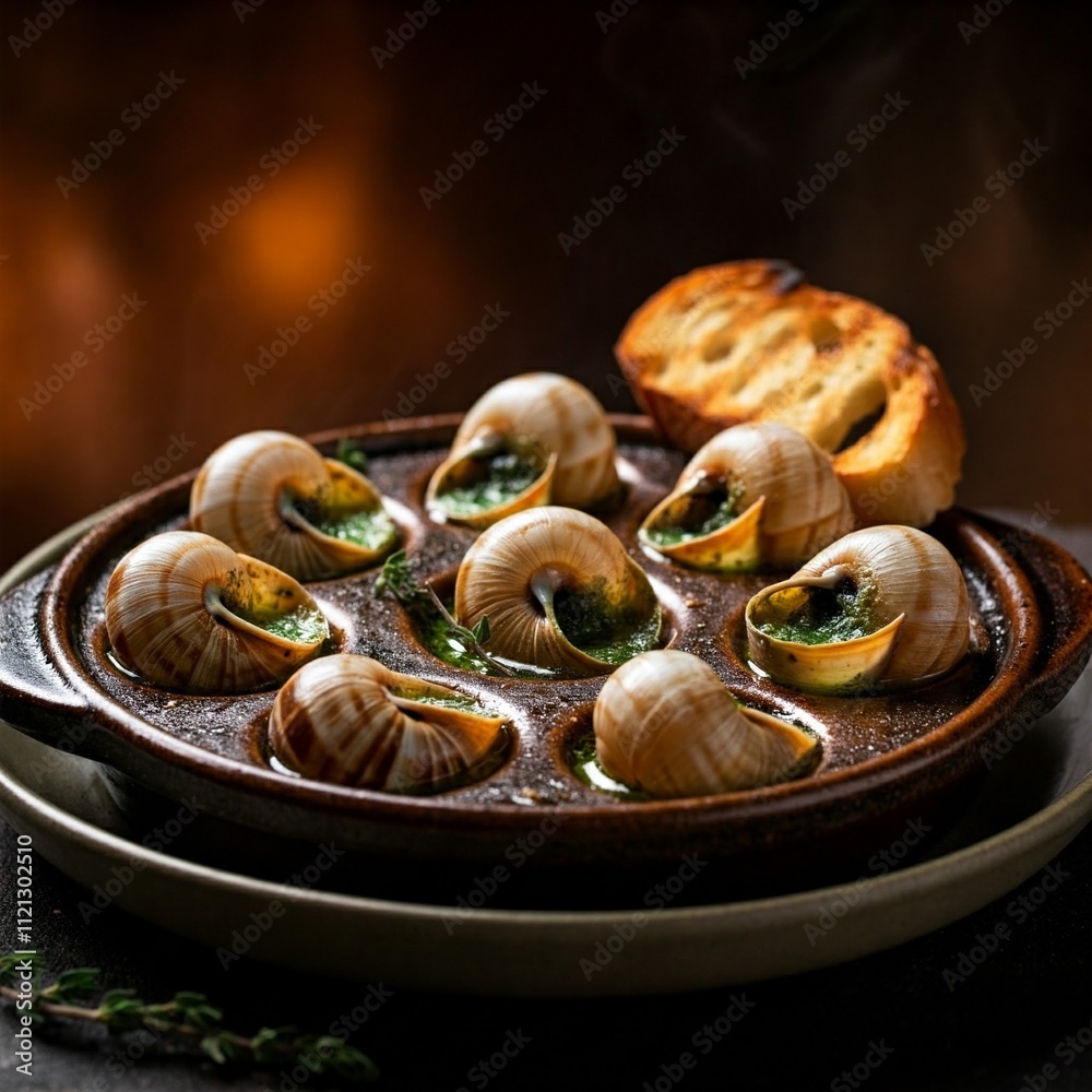 A gourmet escargot dish served with golden garlic butter and fresh herbs on a ceramic platter