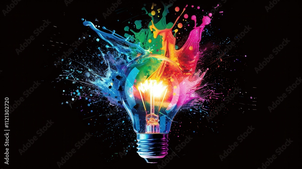 Lightbulb Exploding with Rainbow-Colored Paint Splatter