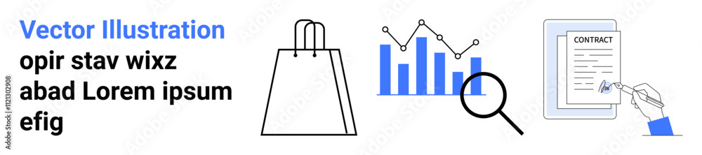 Shopping bag, bar graph with magnifying glass, hand signing contract. Ideal for business, e-commerce, data analysis, sales, market research legal agreements document verification. Landing page Shopping bag, bar graph with magnifying glass, hand signing contract. Ideal for business, e-commerce, data analysis, sales, market research legal agreements document verification. Landing page