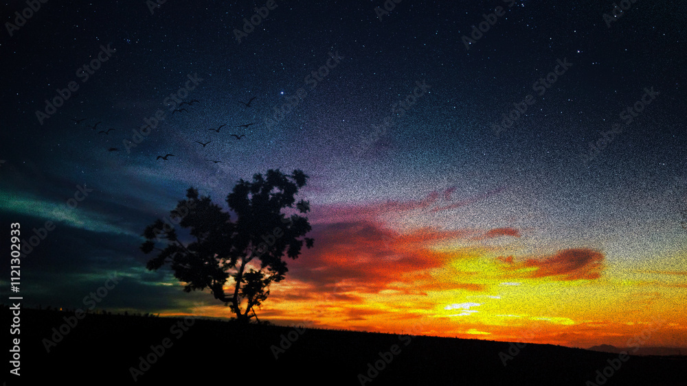 4k beautiful night sky background for computer, a tree standing under a light of twinkling stars at dawn, relaxing universe landscape for desktop wallpaper, 3d illustration 4k beautiful night sky background for computer, a tree standing under a light of twinkling stars at dawn, relaxing universe landscape for desktop wallpaper, 3d illustration
