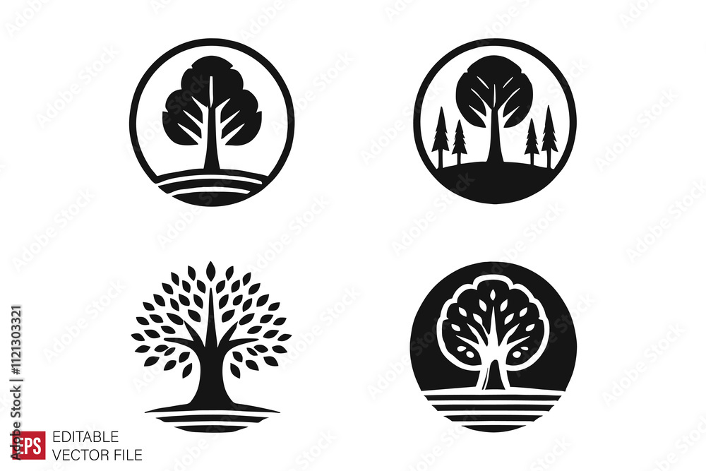set of tree Silhouettes Black and White Illustration Designs on White Background set of tree Silhouettes Black and White Illustration Designs on White Background
