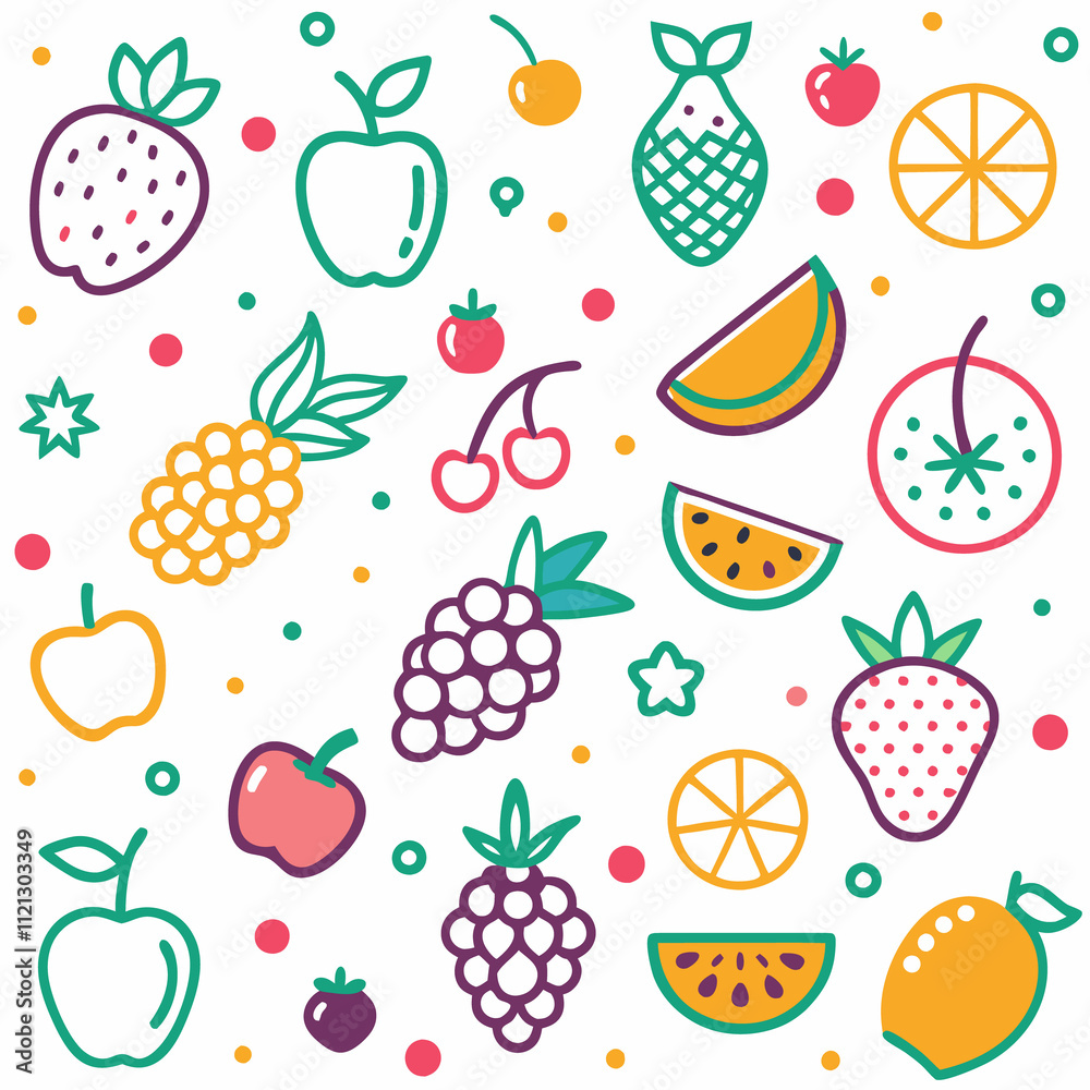 Colorful fruit pattern with apples, strawberries, cherries, pineapple, watermelon, grapes and lemon. Colorful fruit pattern with apples, strawberries, cherries, pineapple, watermelon, grapes and lemon.