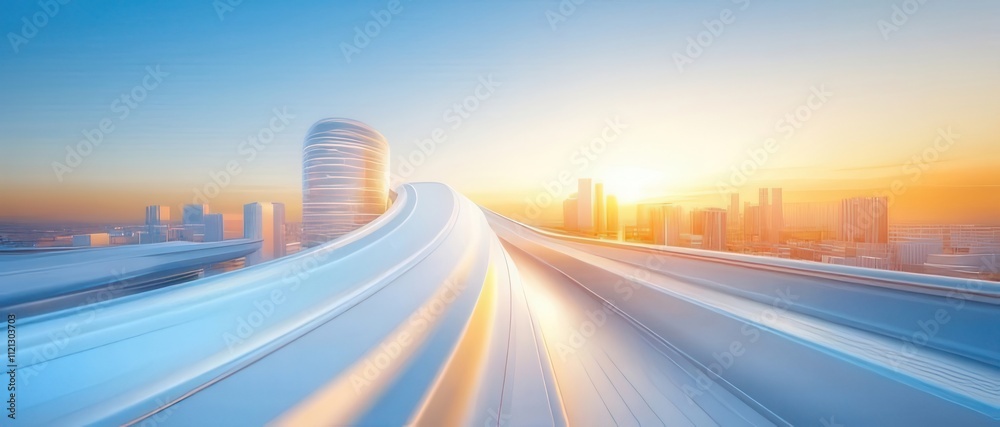 Futuristic highway leading to city at sunrise. Futuristic highway leading to city at sunrise.