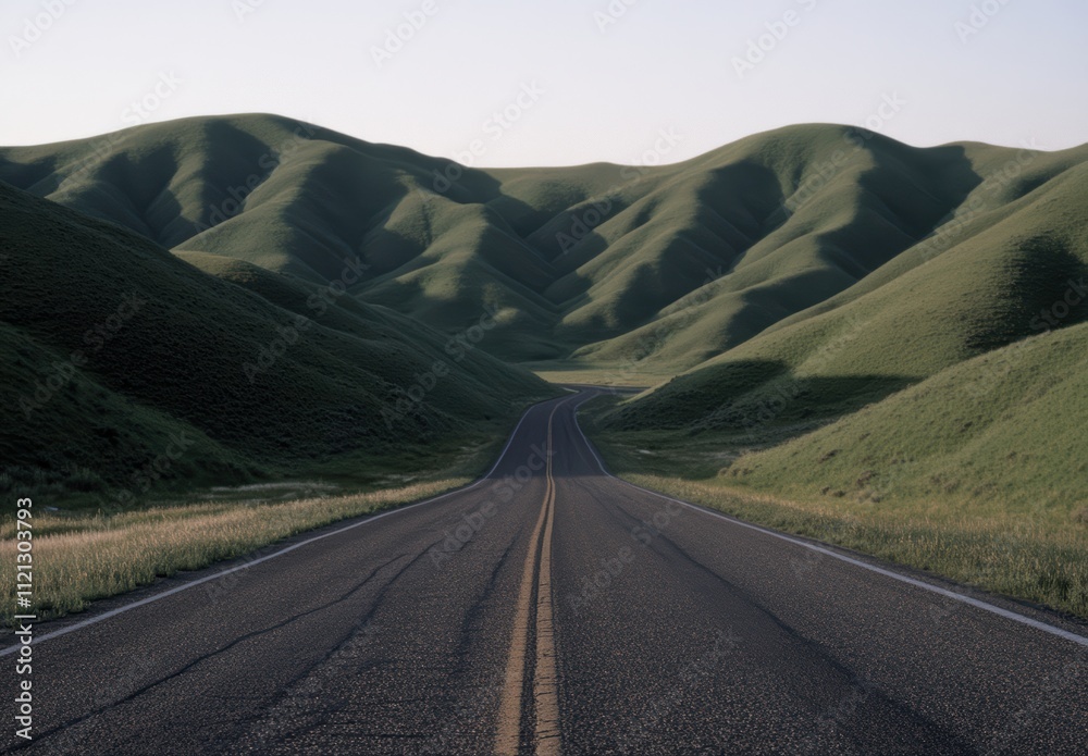 緑の丘に囲まれた静かな道路が続く風景 緑の丘に囲まれた静かな道路が続く風景