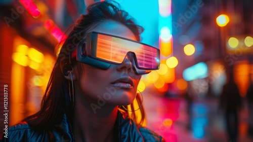 Futuristic woman explores neon city nightlife while wearing augmented reality glasses