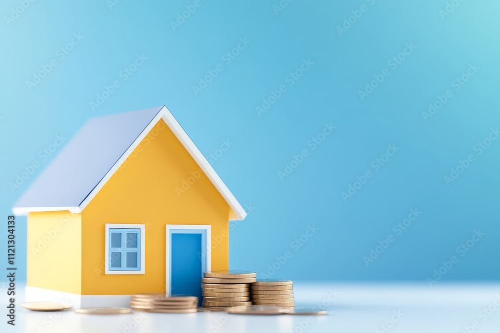 A colorful miniature house beside a stack of coins, symbolizing home investment and financial growth against a bright blue background. A colorful miniature house beside a stack of coins, symbolizing home investment and financial growth against a bright blue background.
