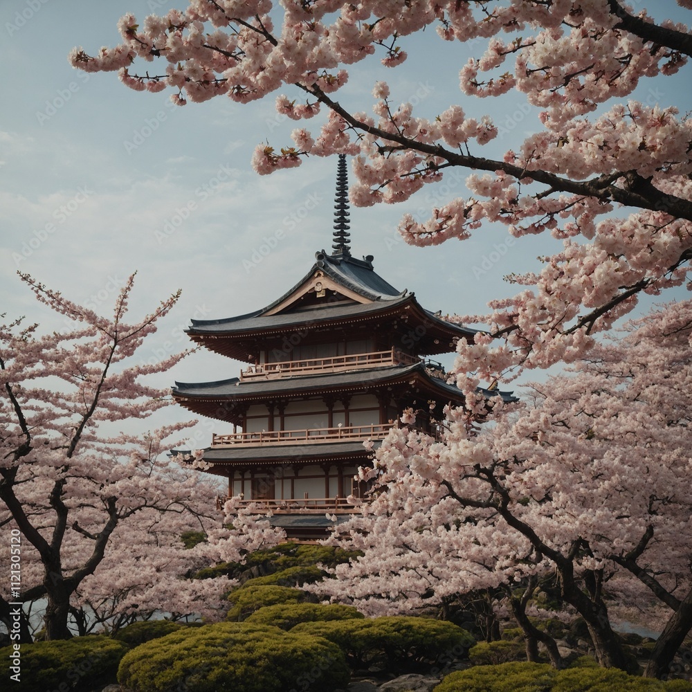 A picturesque Japanese pagoda surrounded by cherry blossoms. A picturesque Japanese pagoda surrounded by cherry blossoms.
