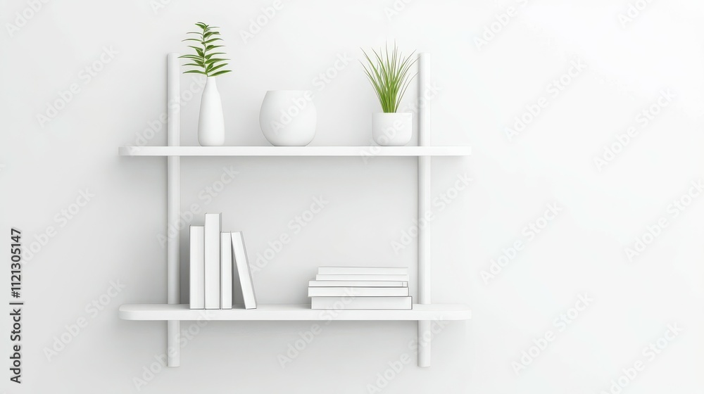 A white bookshelf with a few books on it and a vase with a plant on it A white bookshelf with a few books on it and a vase with a plant on it
