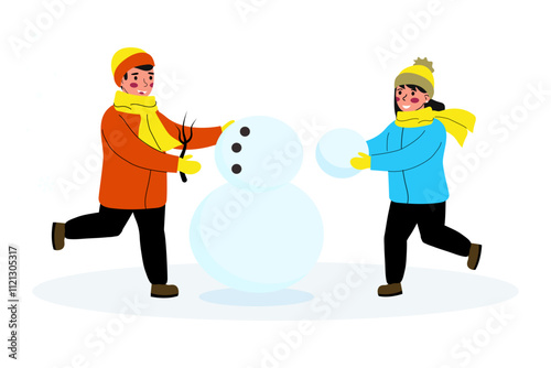 Little children build a snowman and feel happy. Boy girl making a snowman. Vector illustration in flat style on a white background.