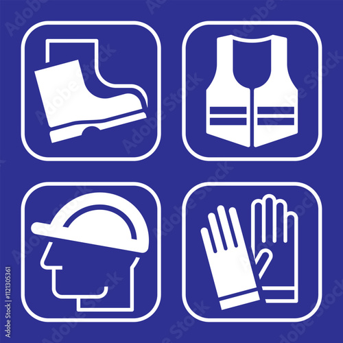 Safety signs - must be worn symbols , Wear helmet, wear safety shoes, wear gloves and wear protective vest.