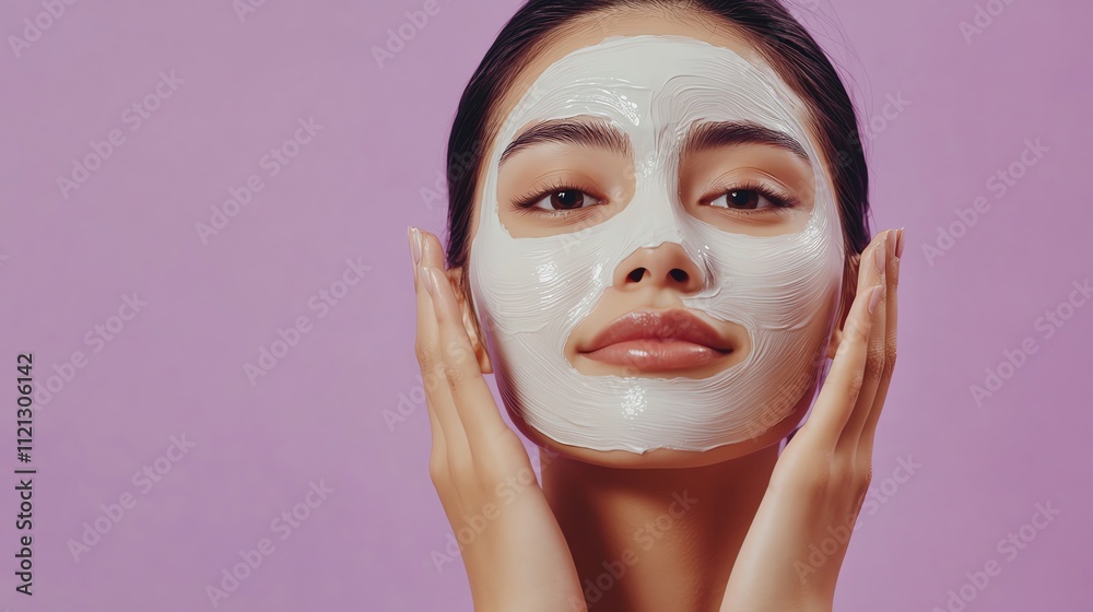 A young woman smiles while applying a facial mask. A young woman smiles while applying a facial mask.