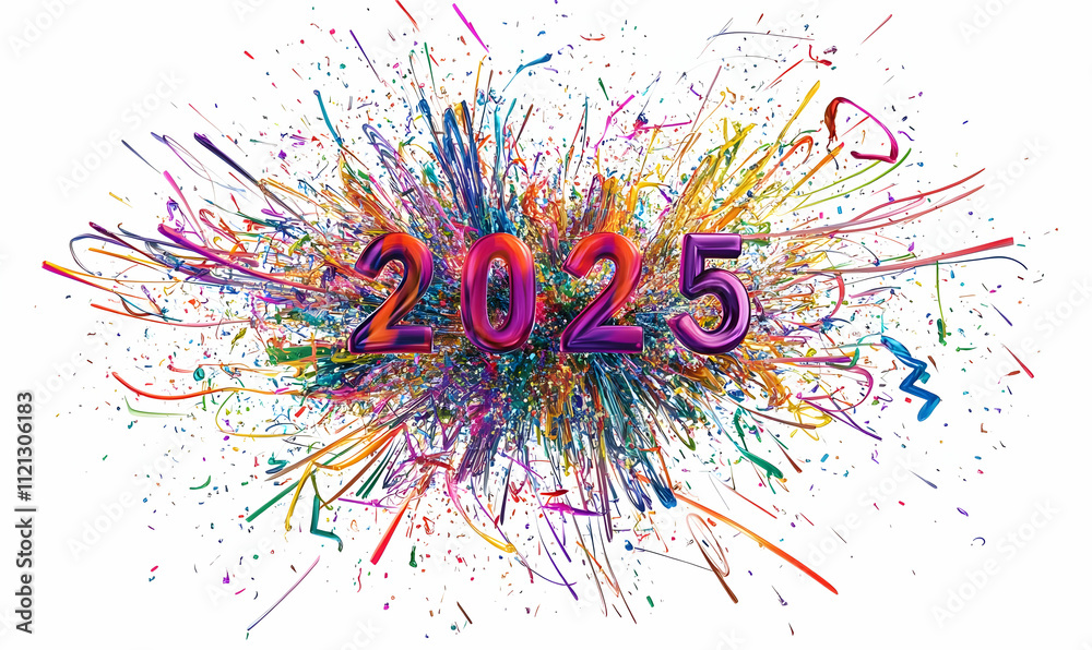 Colorful explosion of confetti and streamers surrounding the year 2025.