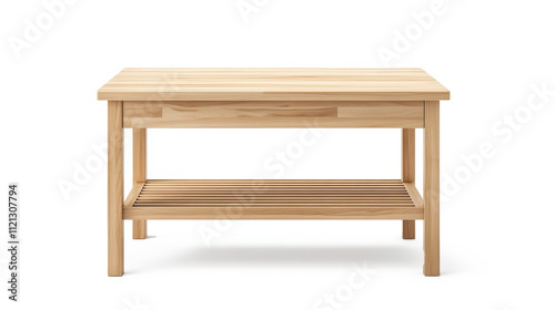 A wooden table with a shelf on top on transparent background