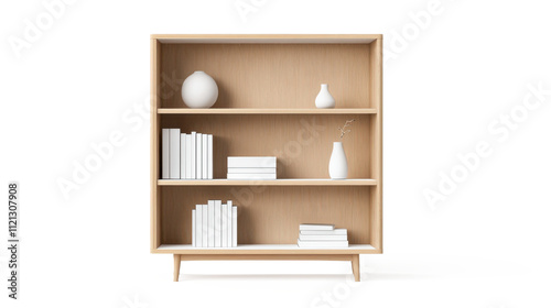 A wooden bookshelf with a white vase on top of it on transparent background