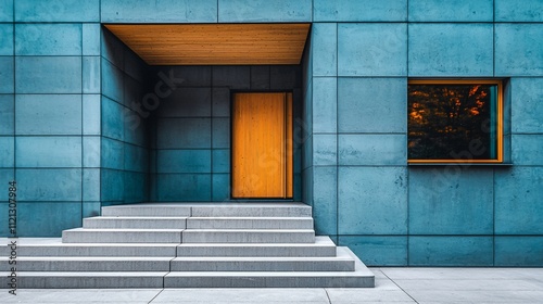 Modern building entrance with wooden door, concrete facade, and stairs.