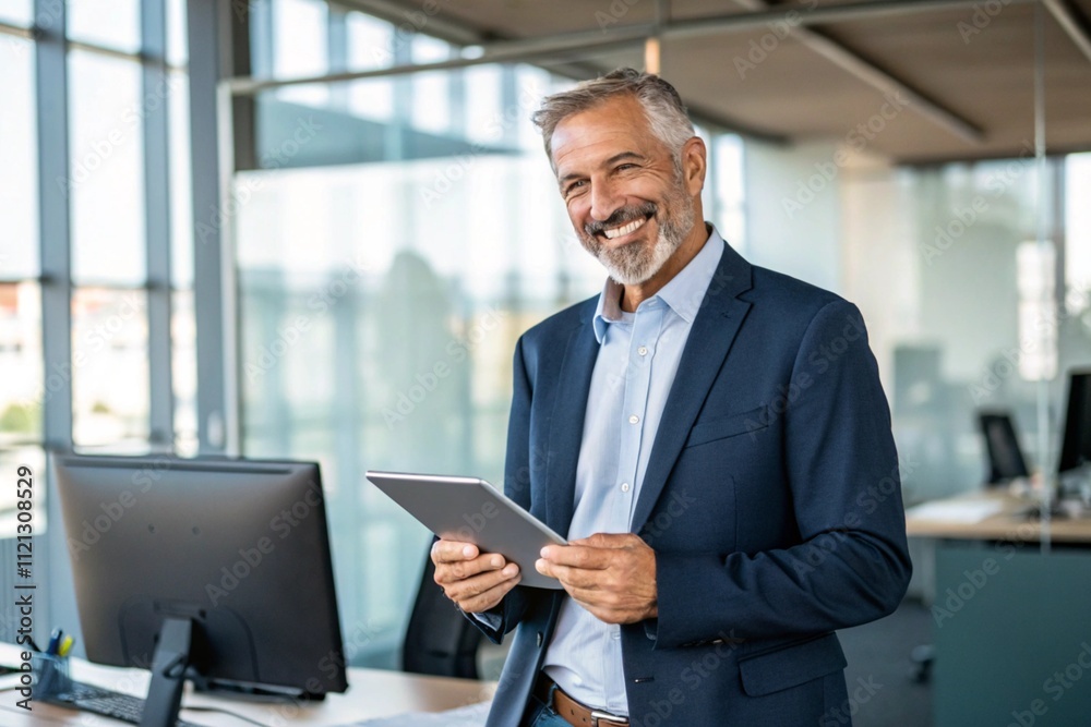 Happy middle aged business man ceo wearing suit standing in office using digital tablet. Smiling mature businessman professional executive manager looking away thinking working on tech device Happy middle aged business man ceo wearing suit standing in office using digital tablet. Smiling mature businessman professional executive manager looking away thinking working on tech device
