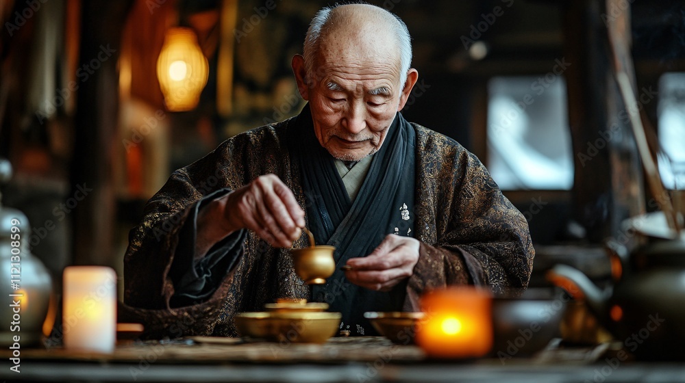 Elderly Man Brewing Tea in Traditional Japanese Tea House Setting Elderly Man Brewing Tea in Traditional Japanese Tea House Setting
