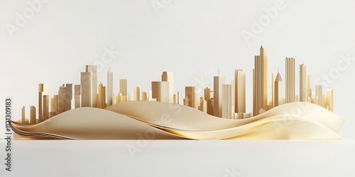 Golden city skyline on abstract wave.