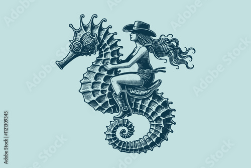Surreal cowboy woman riding a detailed seahorse. Vintage engraving vector illustration, isolated object	