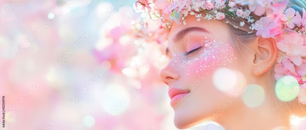 Serene woman with flower crown, glitter makeup, eyes closed, peaceful expression. Serene woman with flower crown, glitter makeup, eyes closed, peaceful expression.
