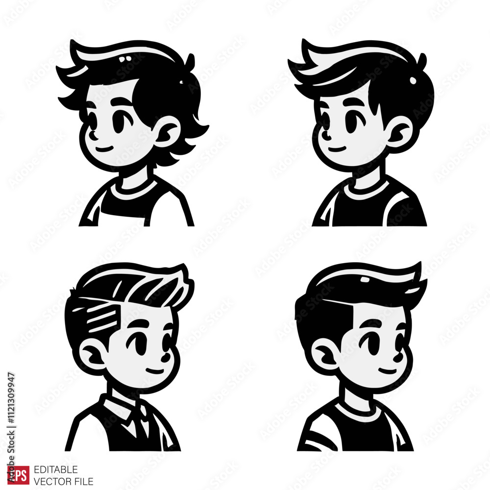 cute boy cartoon Silhouettes Black and White Illustration Designs on White Background cute boy cartoon Silhouettes Black and White Illustration Designs on White Background