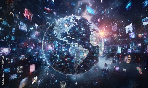 Wallpaper Mural Abstract digital globe with global network connections and images of media content floating around it, representing the world's interconnectedness in modern communication technology,


 Torontodigital.ca