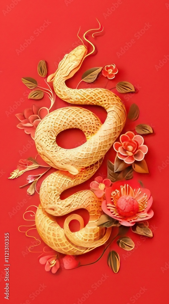 Golden snake coiled amidst red paper flowers.
